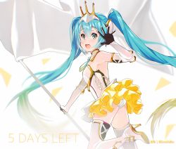 Rule 34 | 1girl, absurdly long hair, anniversary, aqua eyes, aqua hair, artist name, artist request, bare shoulders, black gloves, blue eyes, blue hair, blush, boots, breasts, dress, female focus, flag, frilled dress, frills, gloves, gremlinbon, hand wave, hatsune miku, highres, holding, holding flag, long hair, looking back, parted lips, racing miku, racing miku (2015), small breasts, smile, solo, standing, standing on one leg, twintails, very long hair, vocaloid, white dress, white footwear, white legwear
