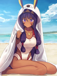 Rule 34 | 1girl, animal ears, bare legs, barefoot, beach, blue sky, blush, breasts, casual one-piece swimsuit, closed mouth, cloud, collarbone, commentary request, competition swimsuit, cosplay, covered navel, dark-skinned female, dark skin, day, ears through headwear, facial mark, fate/grand order, fate (series), hair between eyes, hand up, jackal ears, long hair, medium breasts, medjed (fate), medjed (fate) (cosplay), nitocris (fate), nitocris (fate/grand order), nitocris (swimsuit assassin) (fate), nitocris (swimsuit assassin) (second ascension) (fate), ocean, one-piece swimsuit, outdoors, purple eyes, purple hair, rimo, sand, sidelocks, sitting, sky, solo, swimsuit, very long hair, wariza, water, white one-piece swimsuit