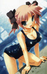 Rule 34 | 1girl, :d, absurdres, barefoot, bow, breasts, bust cup, cleavage, covered erect nipples, green eyes, hair bow, highres, megami magazine, megami magazine deluxe, one-piece swimsuit, open mouth, pink hair, pool, poolside, school swimsuit, shiny clothes, short hair, skindentation, smile, solo, swimsuit, tsurugi hagane, water, wet, wet clothes