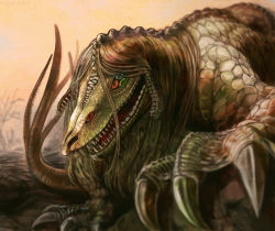Rule 34 | 10s, 2014, artist name, blue eyes, claws, commentary request, dated, eldritch abomination, fangs, green eyes, long hair, megum, monster, no humans, open mouth, red eyes, scales, scp-682, scp foundation, solo, tail