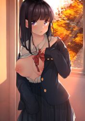 Rule 34 | 1girl, :o, autumn, backlighting, black hair, black jacket, black skirt, blazer, blunt bangs, blush, bow, bowtie, bra, bra lift, breasts, breasts out, collared shirt, commentary request, cowboy shot, day, grey bra, hand on own chest, high-waist skirt, highres, holding, holding bow (ornament), indoors, jacket, lifted by self, light rays, long hair, long sleeves, looking to the side, medium skirt, nipples, off shoulder, open clothes, open jacket, open shirt, original, parted lips, partially unbuttoned, pleated skirt, puffy nipples, purple eyes, red bow, red bowtie, sakura no tomoru hi e, school uniform, shirt, shirt tucked in, skirt, sleeves past fingers, sleeves past wrists, solo, standing, sunlight, tree, underwear, undone bowtie, white bra, white shirt, window