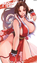 Rule 34 | 1girl, aosora2823, artist name, breasts, brown eyes, brown hair, character name, commentary request, fatal fury, floral print, hand fan, high ponytail, highres, holding, holding fan, large breasts, looking at viewer, ninja, open mouth, pelvic curtain, ponytail, revealing clothes, shiranui mai, simple background, solo, the king of fighters, thighs, white background