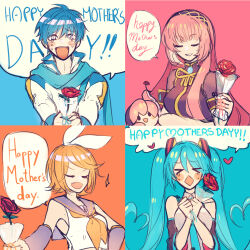 Rule 34 | &gt; &lt;, 1boy, 3girls, 4koma, :d, absurdres, animal, aqua background, aqua hair, aqua necktie, arm under breasts, armband, bare shoulders, black shirt, black sleeves, blonde hair, blue background, blue eyes, blue hair, blue scarf, blush stickers, bow, breasts, closed eyes, coat, comic, commentary, detached sleeves, diamond mouth, english text, fang, flower, furrowed brow, giving, gold trim, grey sailor collar, grey shirt, grey sleeves, hair bow, hair ornament, hairband, happy tears, hatsune miku, heart, highres, hikusa, kagamine rin, kaito (vocaloid), long hair, looking at viewer, medium breasts, megurine luka, mother&#039;s day, multiple girls, musical note, musical note print, neckerchief, necktie, octopus, open mouth, orange background, orange neckerchief, own hands together, parted lips, pink background, pink hair, red flower, red rose, rose, sailor collar, scarf, shirt, short hair, short sleeves, sleeveless, sleeveless shirt, smile, sparkle, speech bubble, symbol-only commentary, takoluka, tears, treble clef, twintails, upper body, v-shaped eyebrows, very long hair, vocaloid, white bow, white coat, white shirt