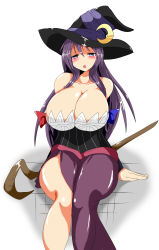 Rule 34 | 1girl, absurdres, bare shoulders, blue bow, blue ribbon, blush, bow, breasts, cleavage, cosplay, crescent, crescent hair ornament, detached sleeves, dragon&#039;s crown, dress, female focus, hair ornament, hair ribbon, hat, highres, huge breasts, large breasts, long hair, looking at viewer, patchouli knowledge, purple eyes, purple hair, red bow, red ribbon, ribbon, sash, solo, sorceress (dragon&#039;s crown), sorceress (dragon&#039;s crown) (cosplay), staff, taku (yakumodaisuki), touhou, very long hair, witch hat
