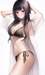 Rule 34 | 1girl, :o, absurdres, arms up, bikini, bikini under clothes, black bikini, black hair, blush, breasts, cleavage, dress, gown, highres, long hair, looking at viewer, medium breasts, navel, original, red eyes, rubber band, side-tie bikini bottom, sideboob, simple background, skindentation, solo, swimsuit, thighs, torrentduck, tying hair, white background