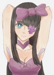 Rule 34 | 10s, 1girl, armpits, arms up, artist request, black hair, blue eyes, breasts, choker, cleavage, collarbone, cosplay, dress, eyepatch, female focus, hair over breasts, hair ribbon, harime nui, harime nui (cosplay), kill la kill, kiryuuin satsuki, long hair, looking at viewer, purple dress, ribbon, serious, solo, strapless, strapless dress
