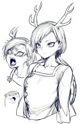 Rule 34 | 1girl, anger vein, angry, animal, antlers, breasts, collarbone, expressionless, fangs, greyscale, highres, horns, kicchou yachie, monochrome, multiple views, open mouth, otter, sharp teeth, shell, short hair, sketch, small breasts, spacezin, teeth, touhou, upper body
