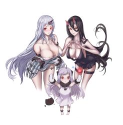 Rule 34 | 10s, 3girls, absurdres, abyssal ship, ahoge, arms up, barefoot, battleship princess, black dress, black hair, breasts, claws, cleavage, covered erect nipples, cowboy shot, cropped legs, dress, embarrassed, from above, heart, heart hands, height difference, highres, horns, kantai collection, large breasts, leaning forward, light smile, lips, looking at viewer, mittens, multiple girls, nipples, northern ocean princess, ribbed dress, seaport princess, see-through, short dress, simple background, single horn, thigh strap, torn clothes, tsuki no i-min, white background, white hair