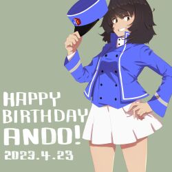 Rule 34 | 1girl, absurdres, andou (girls und panzer), bc freedom (emblem), bc freedom military uniform, birthday, black hair, blue hat, blue jacket, blue vest, brown eyes, character name, commentary, cowboy shot, dark-skinned female, dark skin, dated, dress shirt, emblem, english text, girls und panzer, grey background, grin, hand on own hip, happy birthday, hat, high collar, highres, holding, holding clothes, holding hat, jacket, kepi, long sleeves, looking at viewer, medium hair, messy hair, military hat, military uniform, miniskirt, oritako, pleated skirt, shirt, simple background, skirt, smile, solo, standing, uniform, unworn hat, unworn headwear, vest, white shirt, white skirt
