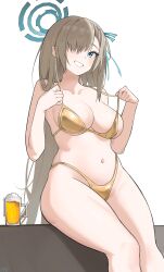 Rule 34 | 1girl, absurdres, asuna (blue archive), beer mug, bikini, blonde hair, blue archive, blue eyes, breasts, cup, foam, gold bikini, grin, hair over one eye, halo, happy05x, highres, large breasts, long hair, mug, navel, sitting, smile, solo, stomach, swimsuit, thighs, very long hair