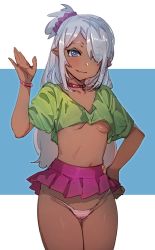 Rule 34 | 1girl, blue eyes, bow (bhp), breasts, choker, cowboy shot, cropped shirt, dark-skinned female, dark skin, green shirt, grey hair, hair ornament, hair over one eye, hair scrunchie, hand up, looking at viewer, microskirt, navel, one eye covered, original, panties, pink choker, pink panties, pink pupils, pink skirt, pleated skirt, pointy ears, ponytail, scrunchie, shirt, skirt, smile, solo, standing, striped clothes, striped panties, underboob, underwear