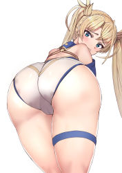 Rule 34 | 1girl, ass, bad id, bad pixiv id, blonde hair, blue eyes, blush, bradamante (fate), bradamante (first ascension) (fate), braid, crown braid, embarrassed, fate/grand order, fate (series), french braid, from behind, hair between eyes, hair ribbon, highres, huge ass, leaning, leaning forward, leotard, long hair, looking at viewer, looking back, panties, ribbon, sidelocks, sikijou77o, simple background, solo, thigh strap, thighs, twintails, underwear, very long hair, white background, white panties, yellow ribbon