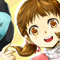 Rule 34 | 1girl, :d, abemiha12, atlus, brown eyes, brown hair, doujima nanako, hat, holding, holding clothes, holding hat, looking at viewer, lowres, open mouth, persona, persona 4, portrait, smile, solo, twintails, unworn hat, unworn headwear