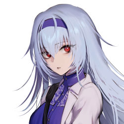 Rule 34 | 1girl, commentary request, dress, girls&#039; frontline, girls&#039; frontline glitch land, grey hair, hair between eyes, hairband, jacket, long hair, looking at viewer, open clothes, open jacket, portrait, purple dress, purple hairband, red eyes, shoukaki (earthean), solo, thunder (girls&#039; frontline), white background, white jacket