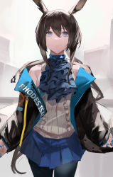 Rule 34 | 1girl, amiya (arknights), arknights, ascot, black jacket, black pantyhose, blazpu, blue ascot, blue collar, blue eyes, blue skirt, brown hair, collar, cowboy shot, grey background, hair between eyes, highres, jacket, jewelry, long hair, looking at viewer, multiple rings, off shoulder, open clothes, open jacket, pantyhose, parted lips, pleated skirt, rabbit girl, ring, shirt, sidelocks, skirt, sleeveless, sleeveless shirt, solo, straight-on, white shirt