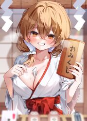 Rule 34 | 1girl, architecture, between breasts, blurry, blush, breasts, brown eyes, brown hair, chihiro (khorosho), cleavage, collarbone, commentary request, depth of field, east asian architecture, grin, hakama, holding, japanese clothes, kimono, large breasts, long sleeves, looking at viewer, low ponytail, miko, omikuji, original, red hakama, short ponytail, shouji, sliding doors, smile, solo, translated, white hair, white kimono, wide sleeves