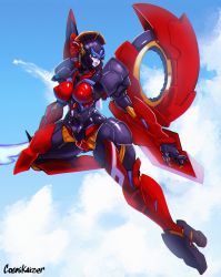 Rule 34 | 1girl, absurdres, alternate breast size, autobot, bad id, bad twitter id, blue eyes, breasts, commentary, cosmikaizer, energy sword, english commentary, flame toys windblade, flying, high heels, highres, holding, holding sword, holding weapon, large breasts, looking back, mecha, mechanical wings, open hand, robot, solo, sword, thick thighs, thighs, transformers, weapon, wide hips, windblade, wings