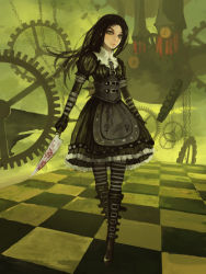 Rule 34 | 1girl, alice: madness returns, alice (alice in wonderland), alice in wonderland, alice liddell (american mcgee&#039;s alice), alternate costume, american mcgee&#039;s alice, american mcgee's alice, black hair, blood, boots, gjred, gloves, green eyes, highres, knife, long hair, pantyhose, solo, striped clothes, striped pantyhose, venus symbol, wallpaper