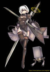 Rule 34 | 1girl, artist name, black background, black dress, black footwear, black gloves, black thighhighs, blindfold, boots, breasts, cleavage, cleavage cutout, closed mouth, clothing cutout, dress, full body, gloves, hairband, holding, holding sword, holding weapon, juliet sleeves, katana, large breasts, long sleeves, looking at viewer, mole, mole under mouth, negister, nier (series), nier:automata, panties, patreon username, pod (nier:automata), puffy sleeves, short hair, silver hair, standing, sword, thigh boots, thighhighs, thighhighs under boots, two-sided fabric, two-sided skirt, underwear, watermark, weapon, web address, white panties, 2b (nier:automata)