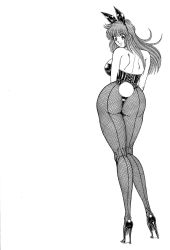 Rule 34 | 1girl, animal ears, ass, back-seamed legwear, bare back, bare shoulders, breasts, corset, curvy, fake animal ears, fishnet pantyhose, fishnets, from behind, haruka inui, high heels, highres, huge ass, large breasts, leotard, long hair, long legs, looking back, monochrome, ogenki clinic, pantyhose, playboy bunny, rabbit ears, rabbit tail, seamed legwear, shoes, simple background, smile, solo, stiletto heels, tail, tatase ruko, white background
