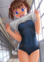 Rule 34 | 1girl, artist name, blue eyes, blue one-piece swimsuit, brown hair, clothes lift, commentary request, competition school swimsuit, cowboy shot, hallway, highres, lifted by self, looking at viewer, mu-pyon, new school swimsuit, one-piece swimsuit, open mouth, original, round teeth, school swimsuit, shirt lift, short hair, solo, standing, sweat, swimsuit, tan, tanline, teeth, twintails, undressing, upper teeth only, window
