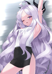 Rule 34 | 1girl, absurdres, armpits, arms up, belt, blue archive, blush, breasts, commentary request, highres, hina (blue archive), horns, kido airaku, looking at viewer, one eye closed, open mouth, silver hair, simple background, sleeveless, small breasts, solo, white background