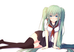 Rule 34 | 1girl, aqua eyes, arm support, blush, green hair, hatsune miku, highres, long hair, looking at viewer, school uniform, serafuku, simple background, skirt, smile, solo, thighhighs, tianya beiming, twintails, very long hair, vocaloid, white background
