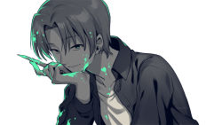 Rule 34 | 1boy, asada hachi, blood, blood in hair, blood on clothes, blood on face, blood on hands, buttons, closed mouth, collarbone, collared jacket, colored blood, ear piercing, fate/zero, fate (series), green blood, green eyes, grey background, greyscale, hand on own face, hand up, head rest, highres, holding, jacket, looking at viewer, male focus, monochrome, parted bangs, piercing, shirt, short hair, smile, solo, spot color, twitter username, upper body, uryuu ryuunosuke, watermark
