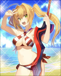 Rule 34 | 1girl, :d, ahoge, bikini, blonde hair, blush, cowboy shot, day, fate/grand order, fate (series), green eyes, hair between eyes, hair intakes, halterneck, holding, holding sword, holding weapon, long hair, looking at viewer, nero claudius (fate), nero claudius (fate) (all), nero claudius (swimsuit caster) (fate), open mouth, outdoors, red bikini, sanae (satansanae), side-tie bikini bottom, smile, solo, sparkle, standing, striped bikini, striped clothes, swimsuit, sword, twintails, v, weapon