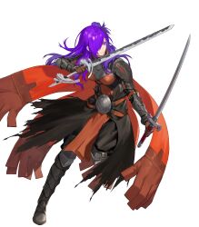 Rule 34 | 1girl, armor, armored boots, belt, boots, breastplate, breasts, cape, closed mouth, dual wielding, female focus, fire emblem, fire emblem: three houses, fire emblem heroes, fire emblem warriors: three hopes, full body, gauntlets, hair over one eye, highres, holding, holding sword, holding weapon, leg up, long hair, looking at viewer, looking away, matching hair/eyes, medium breasts, multiple belts, nintendo, non-web source, noy, official art, pants, pelvic curtain, purple eyes, purple hair, reverse grip, shez (female) (fire emblem), shez (fire emblem), shoulder armor, solo, sword, transparent background, weapon