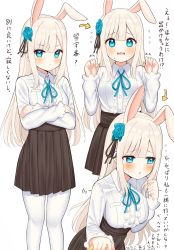 Rule 34 | 1girl, animal ears, arrow (symbol), black skirt, blonde hair, blue eyes, blush, commentary request, crossed arms, embarrassed, flower, flying sweatdrops, hair flower, hair ornament, highres, long hair, mizukoshi (marumi), open mouth, original, pantyhose, playing with own hair, rabbit ears, rabbit girl, shirt, shirt grab, simple background, skirt, solo, surprised, translation request, white background, white pantyhose, white shirt