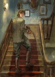 Rule 34 | 1boy, boots, brown footwear, brown gloves, brown hair, carpet, checkere, checkered clothes, checkered jacket, closed mouth, from behind, full body, gloves, green pants, gun, gundam, hair between eyes, hat, highres, holding, holding gun, holding weapon, huangdanlan, indoors, jacket, lamp, long sleeves, looking at viewer, male focus, medium hair, original, pants, photo (object), reloading, shotgun, solo, stairs, standing, trigger discipline, weapon, witch hat