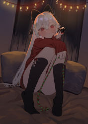 Rule 34 | 1girl, absurdres, beijuu, black socks, blush, bow, convenient censoring, cup, drinking glass, girls&#039; frontline, hair between eyes, hair bow, highres, holding, holding cup, holding ribbon, indoors, kneehighs, long hair, looking at viewer, no shoes, red eyes, red sweater, ribbon, silver hair, sitting, sleeves past wrists, socks, solo, sweater, tokarev (girls&#039; frontline)