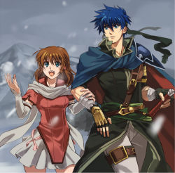 Rule 34 | 1boy, 1girl, blue eyes, blue hair, brother and sister, brown hair, cape, elbow gloves, fire emblem, fire emblem: path of radiance, fire emblem: radiant dawn, gloves, green eyes, hair tubes, headband, height difference, ike (fire emblem), machch, mist (fire emblem), nintendo, scarf, short hair, siblings, size difference, smile, snow, sword, weapon