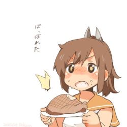 Rule 34 | 10s, 1girl, bad id, bad twitter id, blush, brown eyes, brown hair, fang, food, food on face, fried chicken, i-401 (kancolle), kantai collection, lowres, open mouth, plate, ponytail, rebecca (keinelove), short hair, simple background, sweat, translated, upper body, white background