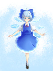 Rule 34 | 1girl, :o, ahoge, ankle socks, blue eyes, blue hair, bow, cirno, dress, full body, gradient background, hair bow, highres, kameyan, looking at viewer, mary janes, matching hair/eyes, outstretched arms, puffy short sleeves, puffy sleeves, ribbon, shoes, short hair, short sleeves, socks, solo, spread arms, touhou, wings