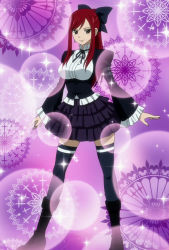 Rule 34 | 1girl, boots, bow, breasts, corset, dress, erza scarlet, fairy tail, female focus, full body, gothic lolita, hair bow, highres, large breasts, legs, lolita fashion, long hair, ponytail, purple background, purple theme, red hair, ribbon, screencap, smile, solo, sparkle, standing, stitched, thighhighs, third-party edit, zettai ryouiki