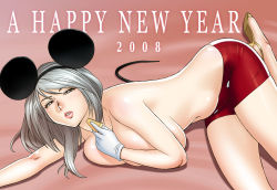 Rule 34 | 00s, 1girl, 2008, animal ears, breasts, cheese, cosplay, disney, food, grey hair, high heels, highres, huge breasts, large breasts, lying, mickey mouse, mickey mouse (cosplay), mouse ears, new year, open shoes, sandals, shoes, solo, tatsunami youtoku, topless