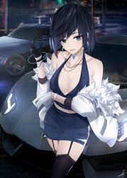 Rule 34 | 1girl, absurdres, alternate costume, asymmetrical gloves, asymmetrical hair, bare shoulders, black thighhighs, blue hair, blue skirt, blurry, bob cut, breasts, car, choker, cleavage, coat, collarbone, cowboy shot, depth of field, diagonal bangs, earrings, feint721, fur-trimmed coat, fur trim, garter straps, genshin impact, gloves, green eyes, highres, jewelry, lamborghini, lamborghini aventador, large breasts, light blush, looking at viewer, midriff, mismatched gloves, mole, mole on breast, motor vehicle, necklace, night, off shoulder, outdoors, parted lips, plunging neckline, short hair, sidelocks, skirt, sleeveless, smile, solo, sports car, standing, thighhighs, thighs, toyota supra, toyota supra mk v, vision (genshin impact), white choker, white coat, wristband, yelan (genshin impact)