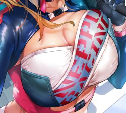 Rule 34 | 1girl, black jacket, blonde hair, breasts, buckle, character request, choker, cleavage, clothes writing, collarbone, commentary, copyright request, crop top, hands up, jacket, large breasts, long hair, shrug (clothing), sidelocks, skindentation, snap-fit buckle, solo, yanyo (ogino atsuki)