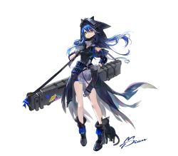 Rule 34 | 1girl, animal hood, bare legs, black cat, black dress, black footwear, blue eyes, blue hair, blue shorts, boots, breasts, case, cat, closed mouth, dress, full body, gloves, goggles, goggles on head, hair between eyes, hand on own hip, hansum, highres, holding strap, hood, hooded dress, long hair, looking at viewer, original, short shorts, shorts, simple background, small breasts, solo, test tube, white background, white gloves