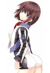 Rule 34 | 1girl, ass, breasts, brown hair, cowboy shot, cropped jacket, finger marks, grey eyes, jacket, long sleeves, looking at viewer, nishio rina, ootani mikoto, short hair, simple background, skirt, smile, solo, soukyuu no fafner, standing, uniform, white background