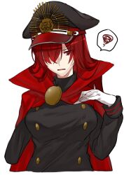 Rule 34 | 1girl, alternate costume, cape, crest, family crest, fate/grand order, fate (series), gloves, hand on own chest, hat, highres, long sleeves, looking at viewer, military hat, nakazaki nozomu, oda nobunaga (fate), oda nobunaga (maou avenger) (fate), oda uri, parted lips, peaked cap, red cape, red eyes, red hair, simple background, solo, squiggle, white background, white gloves