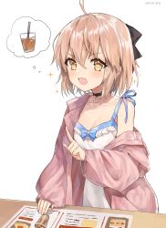 Rule 34 | 1girl, absurdres, ahoge, alternate costume, bad id, bad pixiv id, black bow, blush, bow, breasts, camisole, choker, cleavage, collarbone, commentary, contemporary, counter, cup, drinking glass, drinking straw, fang, fate/grand order, fate (series), flower choker, hair between eyes, hair bow, highres, index finger raised, ishida umi, jacket, long sleeves, medium breasts, menu, okita souji (fate), okita souji (koha-ace), open mouth, platinum blonde hair, short hair, sidelocks, skin fang, sleeves past wrists, solo, sparkle, spoken object, standing, yellow eyes