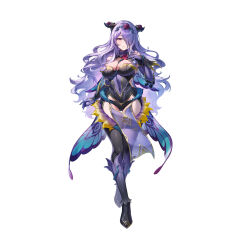Rule 34 | 1girl, absurdres, black panties, black thighhighs, breasts, camilla (fire emblem), camilla (resplendent) (fire emblem), cleavage, fake horns, fire emblem, fire emblem fates, fire emblem heroes, flower, full body, gloves, hair over one eye, highres, horns, large breasts, long hair, nintendo, official alternate costume, official art, panties, plant, purple eyes, purple gloves, purple hair, simple background, solo, tachi-e, thighhighs, thighs, underwear, wavy hair, white background
