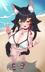 Rule 34 | 1girl, animal ear fluff, animal ears, beach, bikini, black hair, blue sky, blush, breasts, cleavage, double v, front-tie bikini top, front-tie top, hair ornament, hairpin, highres, hololive, kani bonara, large breasts, leaf print, looking at viewer, maple leaf print, multicolored hair, no shirt, official alternate costume, ookami mio, ookami mio (hololive summer 2019), open mouth, print bikini, red hair, sand, side-tie bikini bottom, sky, smile, solo, streaked hair, swimsuit, tail, tail around own leg, tail wrap, v, virtual youtuber, water, wolf ears, wolf girl, wolf tail