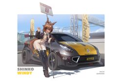 Rule 34 | 1girl, ahoge, alternate costume, animal ears, black footwear, black jacket, black necktie, black thighhighs, boots, breasts, bright pupils, brown hair, car, character name, claw pose, cleavage, cleavage cutout, clothing cutout, cropped jacket, dated, day, groin, hand up, high heel boots, high heels, highres, holding, holding sign, horse ears, horse girl, horse tail, jacket, leotard, long sleeves, looking at viewer, lumian300, motor vehicle, multicolored hair, necktie, open mouth, outdoors, purple eyes, racetrack, renault, shadow, shinko windy (umamusume), short hair, sign, small breasts, smile, solo, standing, streaked hair, tail, thighhighs, twitter username, umamusume, vehicle request, white leotard, white pupils