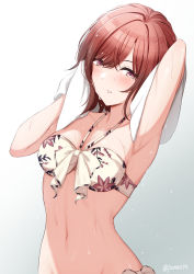 Rule 34 | 1girl, arm up, armpits, bikini, blush, breasts, brown eyes, brown hair, cleavage, commentary, cowboy shot, floral print, gradient background, grey background, hair between eyes, highres, higuchi madoka, holding, holding towel, idolmaster, idolmaster shiny colors, looking at viewer, medium breasts, mole, mole under eye, navel, panna444, parted lips, print bikini, short hair, simple background, smile, solo, stomach, swimsuit, towel, twitter username, wet, wet hair, white background, white bikini