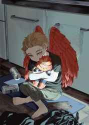 Rule 34 | 1boy, aged down, barefoot, beer can, blonde hair, boku no hero academia, can, child, commentary, commentary request, drink can, feathered wings, green pants, hawks (boku no hero academia), highres, holding, holding stuffed toy, indoors, kitchen, male focus, mege (megechan), on floor, pants, red wings, shirt, short hair, sitting, stuffed toy, towel, wings, wooden floor