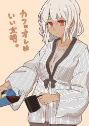 Rule 34 | 1girl, altera (fate), blush, bottle, coffee, commentary request, cup, dark-skinned female, dark skin, fate/grand order, fate (series), highres, holding, holding bottle, holding cup, long sleeves, looking down, nakamachi (tebuabua), pajamas, pink background, red eyes, red pupils, shirt, silver hair, simple background, smile, solo, standing, translation request, upper body